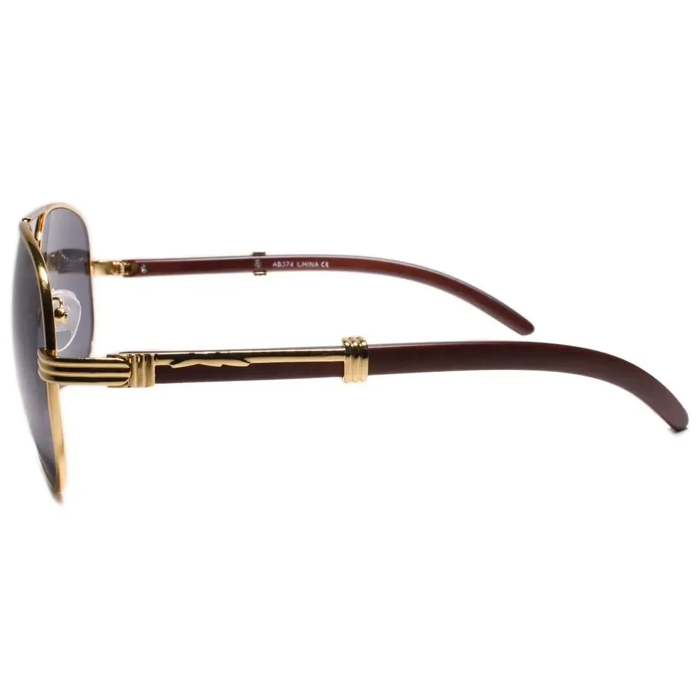 Mens Classy Elegant Retro 80s 90s Style Sunglasses Large Gold & Faux Wood Frame